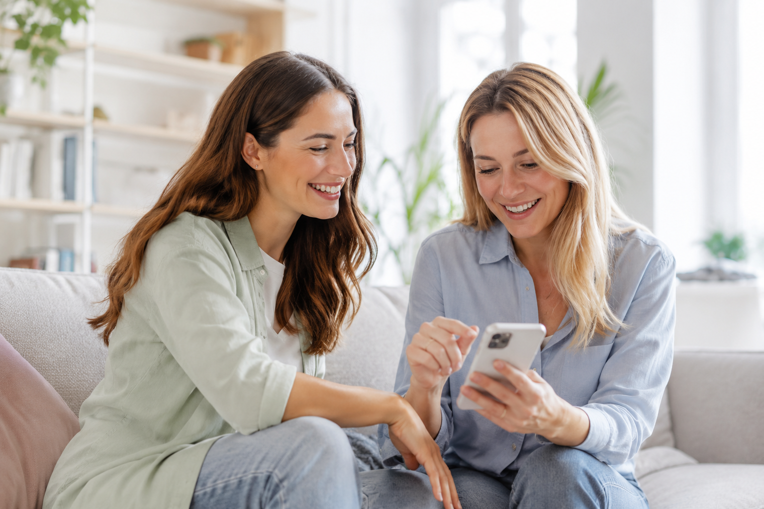 Two friends smiling while using their phones together