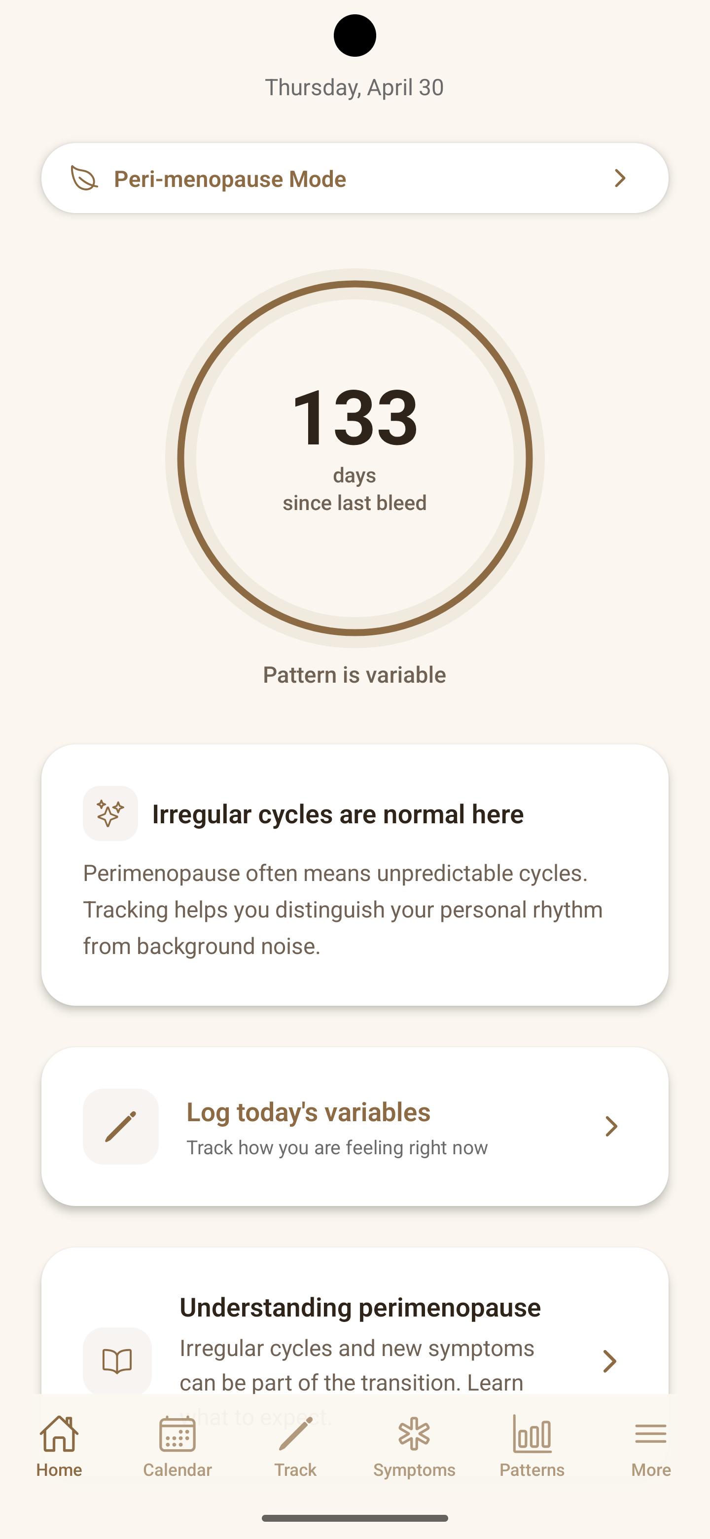 Perimenopause home screen