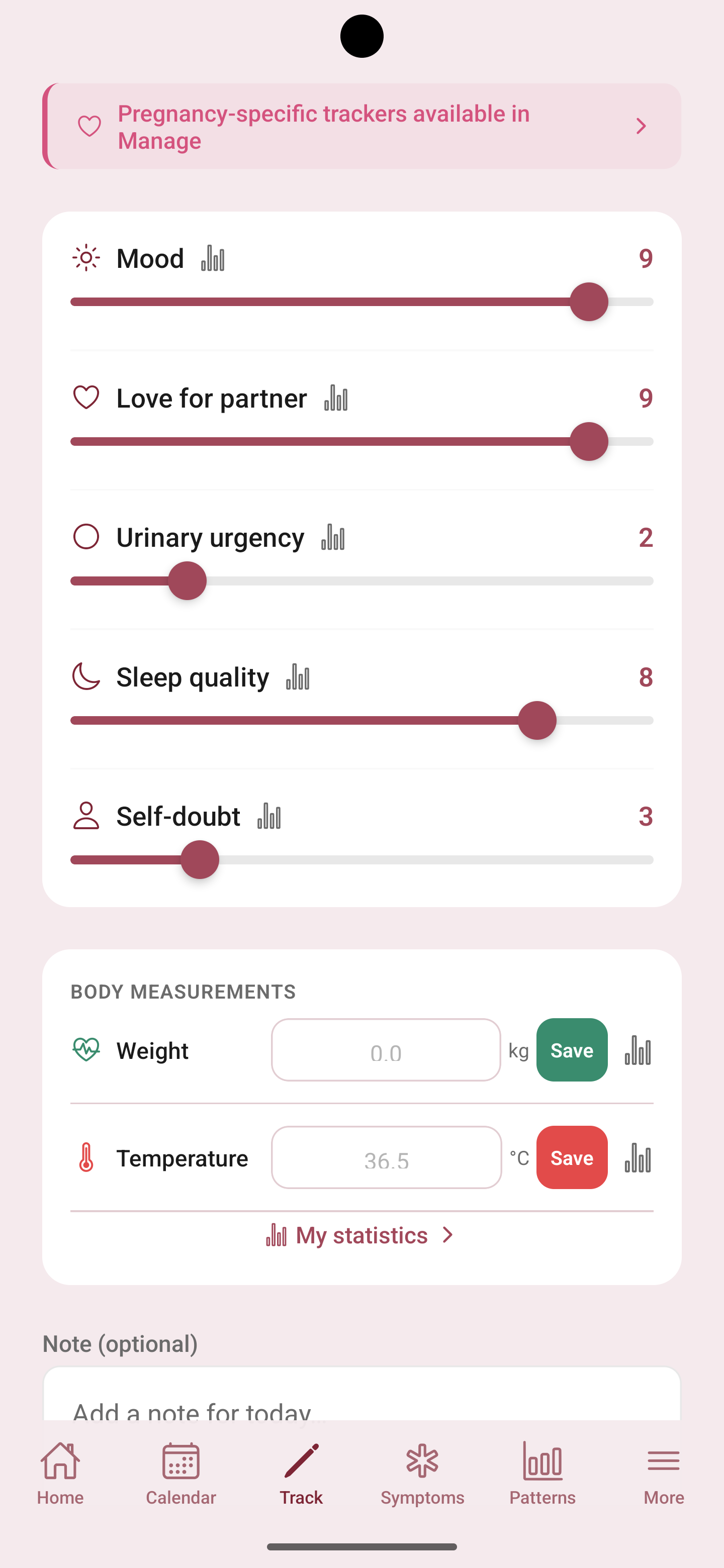 Daily tracking screen